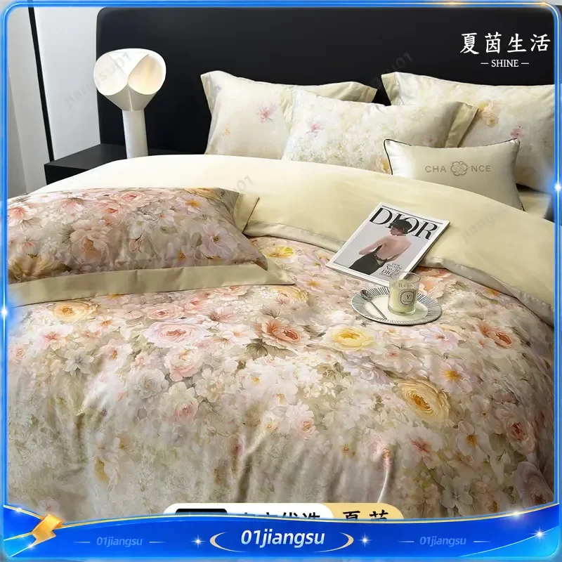 Luxury Digital Print 80S Long Staple Cotton Satin Bedding Set 4 Piece Pure Cotton Duvet Cover Sheet Pillowcase Soft Home