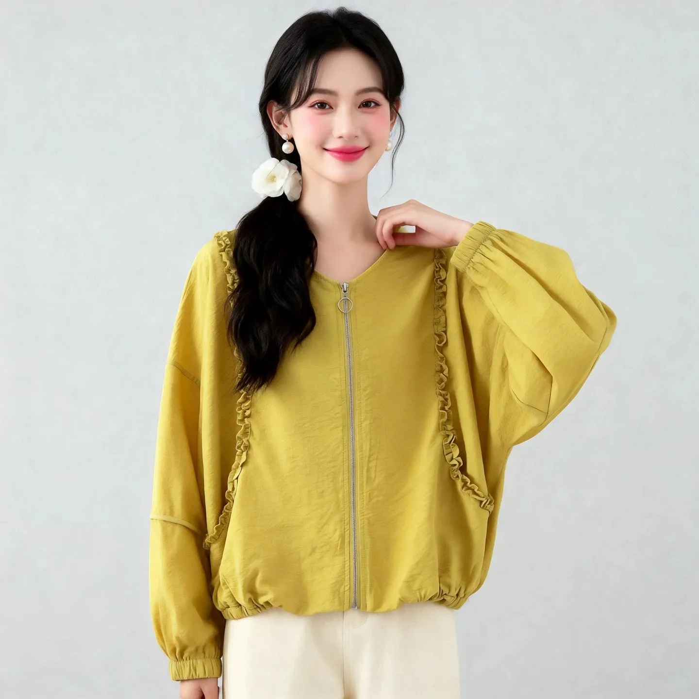 Winsleter-76%Dry Silk 24%Nylon Elegant Coat, O Neck Long Sleeve, Women Korean Commute Ruffles Jacket, 2026 Autumn New C69638CC