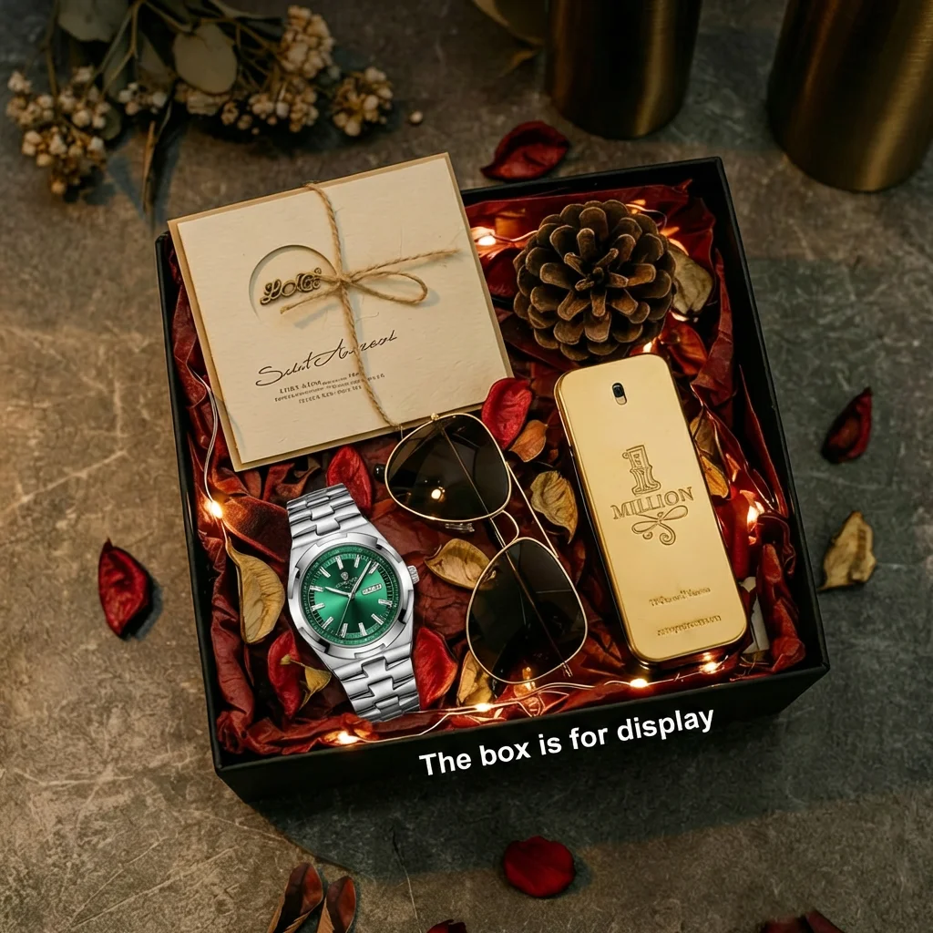 

4pcs Men's Green Stainless Steel Strap Modern Business Date Day Window Sunglasses Perfume Quartz Watch Gift Box Set Daily Wear