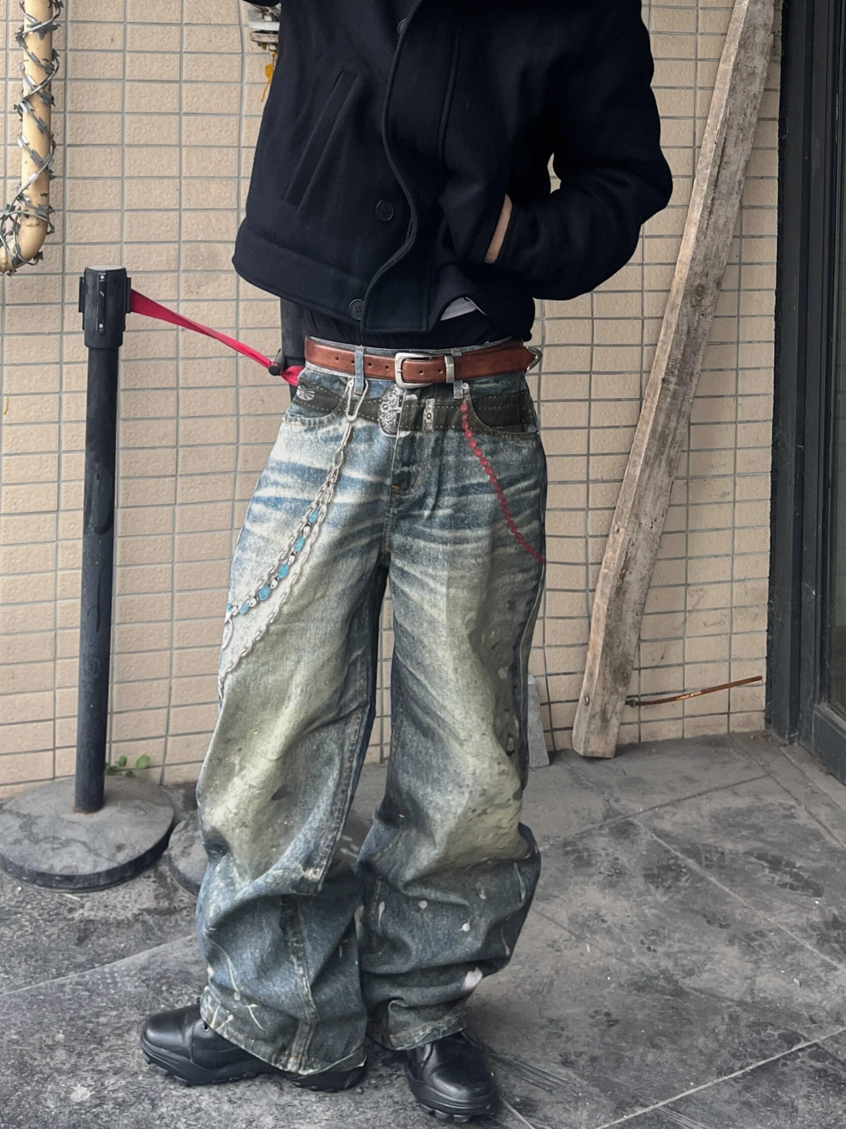 American Retro 3D Print Chain Decoration Belt Design Loose Straight Leg Casual Long Pants Men's Jeans Sli Wear Resistant