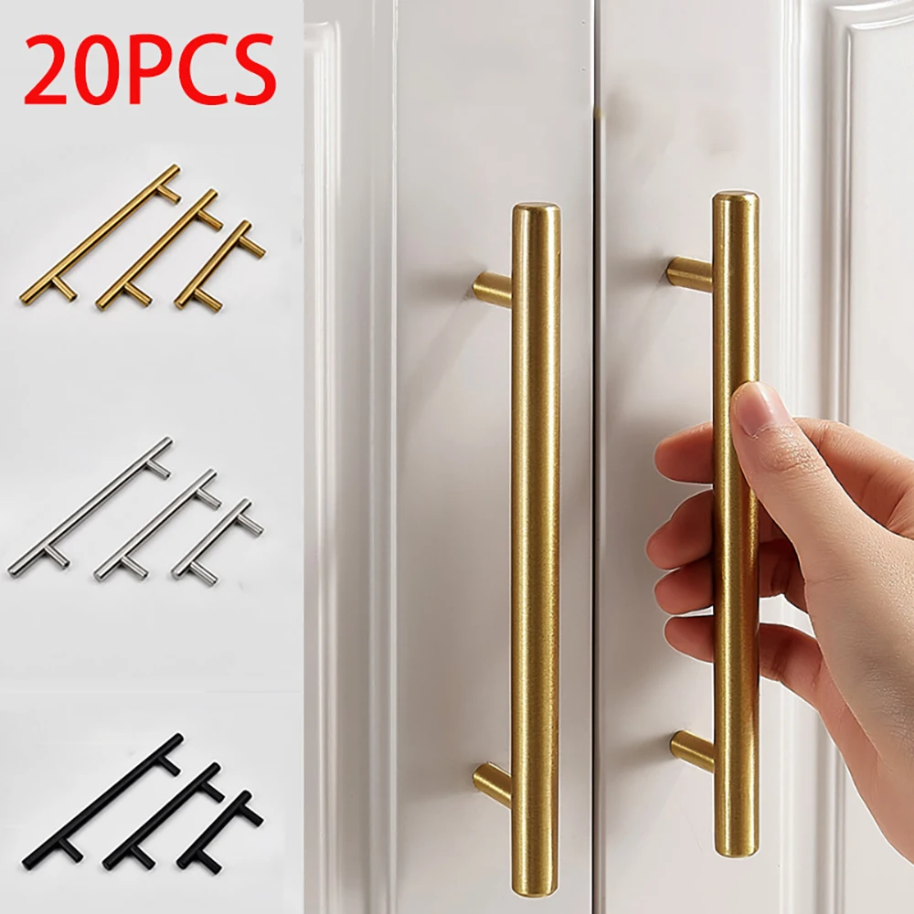 20pcs Brushed Gold Kitchen Handle Stainless Steel T Bar Door Pull 96/128/160mm Cabinet Knobs and Handles Black Furniture Handle