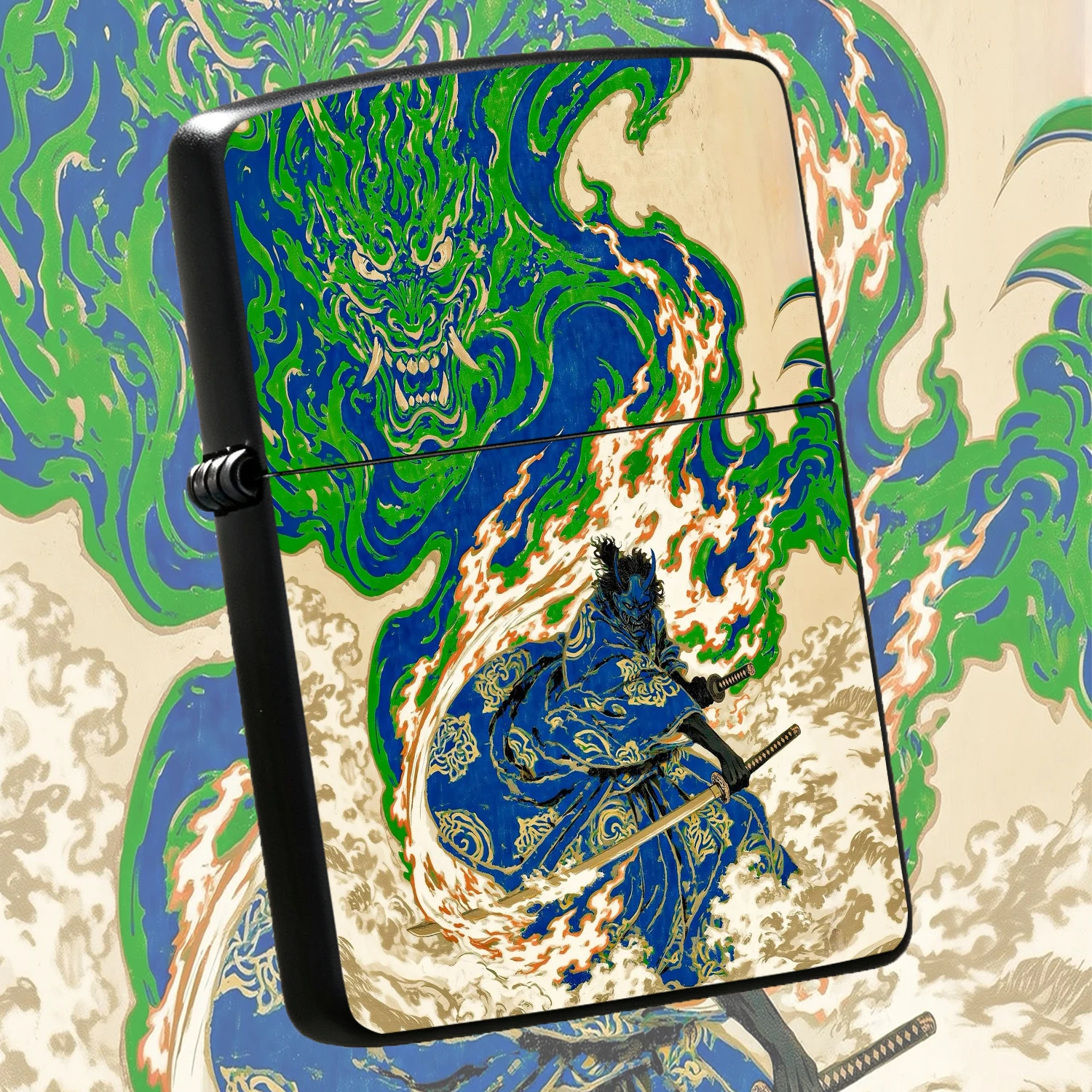 Ukiyo-E Oni Samurai Flame Themed Lighter, Stylish Japanese Art Pattern Portable Igniter, Creative Vibe Collectible, Suitable For Daily, Outdoor, All Scenes, Exquisite Unique Gift For Art Lovers And Friends A Humorous And Interesting Lighter