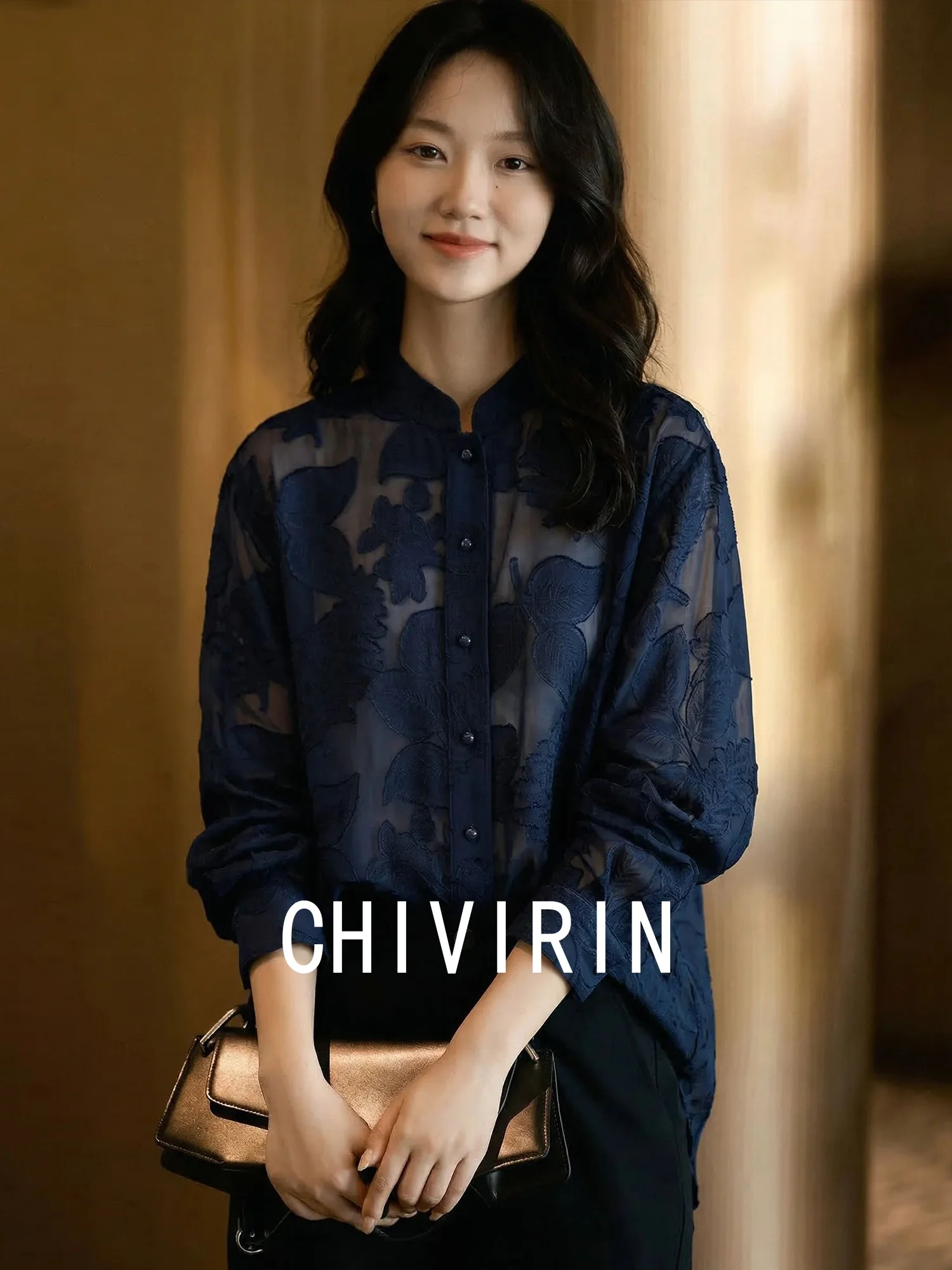 

Elegant Silk Shirt Women's Long Sleeve Loose Fit Summer Thin Printed Slimming Stand Collar Chinese Chirriqianyi Elegant Style