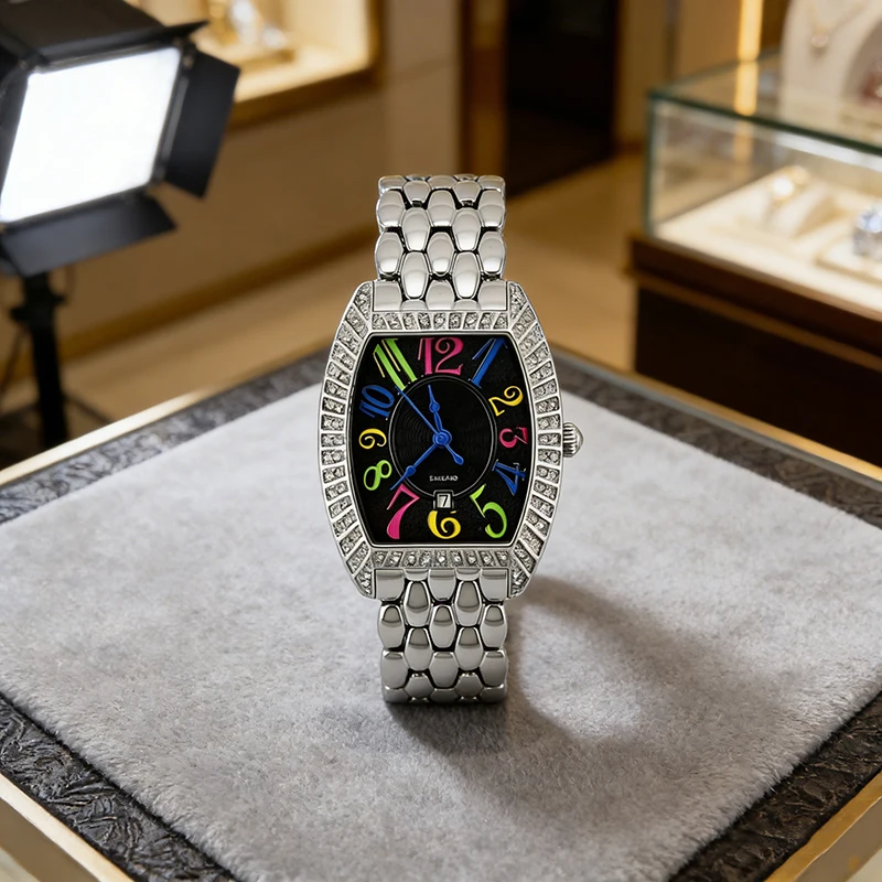 Tonneau Wine Barrel Fashion Waterproof Watch for Women with Diamonds Steel Chain Exquisite Original Luxury Timepiece