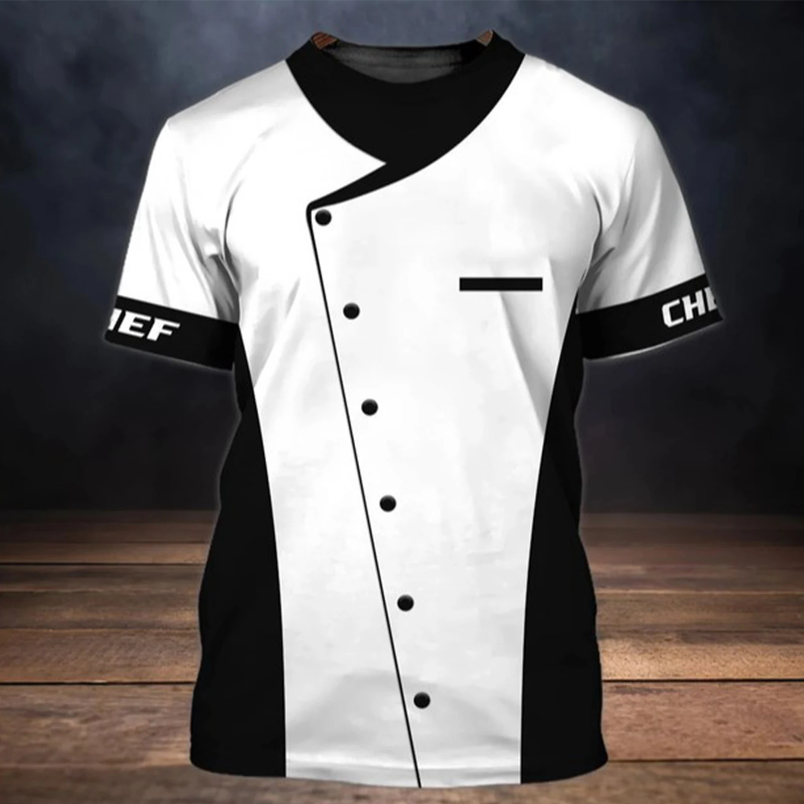 Mens Restaurant Kitchen Tops Costume Stylish Print Contrast Color Chef Shirt Hotel Casual Round Neck Short Sleeve T-shirt