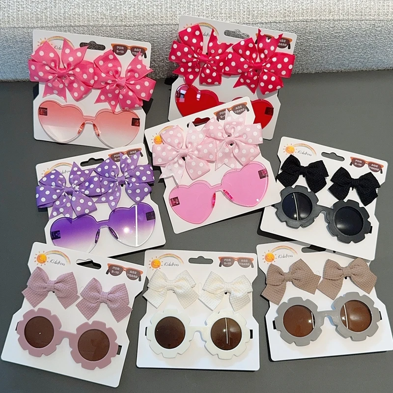 1Set Children Headwear Glasses Solid Soft Bowknot Head Bands Girls Lace Barrette Retro headbands Sunglasses Kids Hair Band Sets