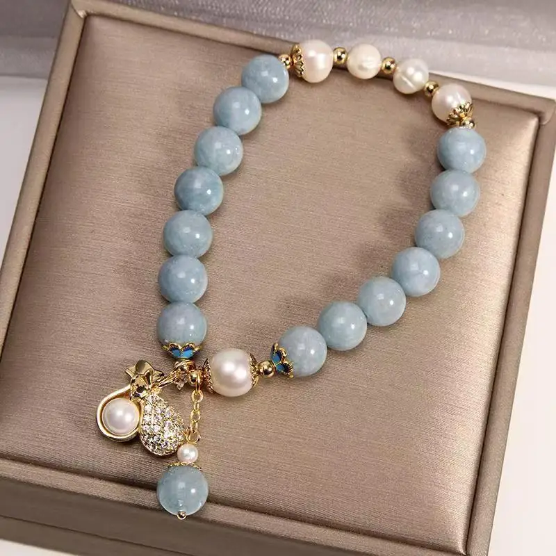 Aquamarine Fu Dai Pearl Bracelet - Chinese Lucky Symbol Jewelry
