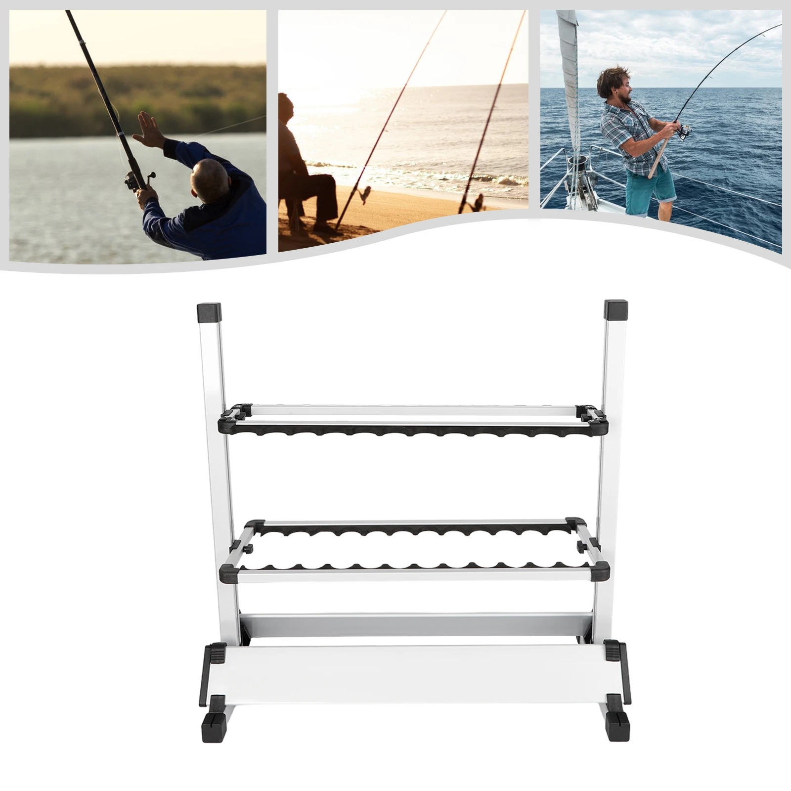 Aluminum Alloy Fishing Rod Rack 24 Rods Storage Organize Rack Easy to Assemble and Carry Adjustable Height Large Capacity