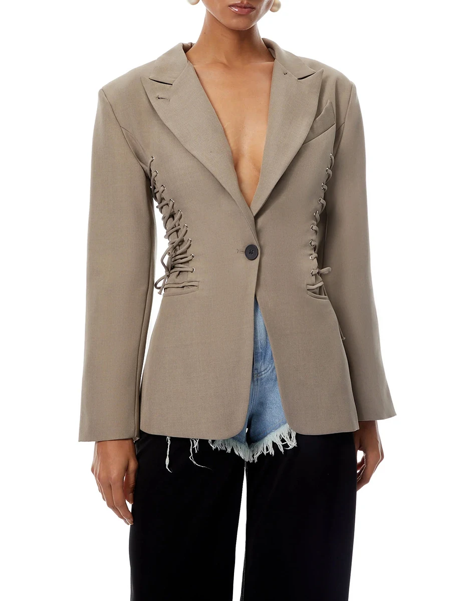 VGH elegante chaqueta de diseñador con cordones laterales para mujer, cuello con muescas, manga larga, retazos, un solo botón, chaquetas de calle adelgazantes