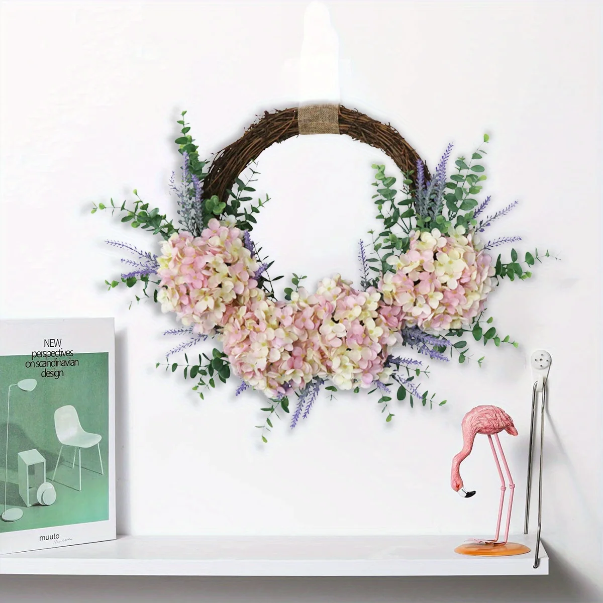 

Hydrangea Wreath for Front Door, Half Circle Pink Hydrangea and Lavender with Eucalyptus Leaves, Spring Summer Wreath