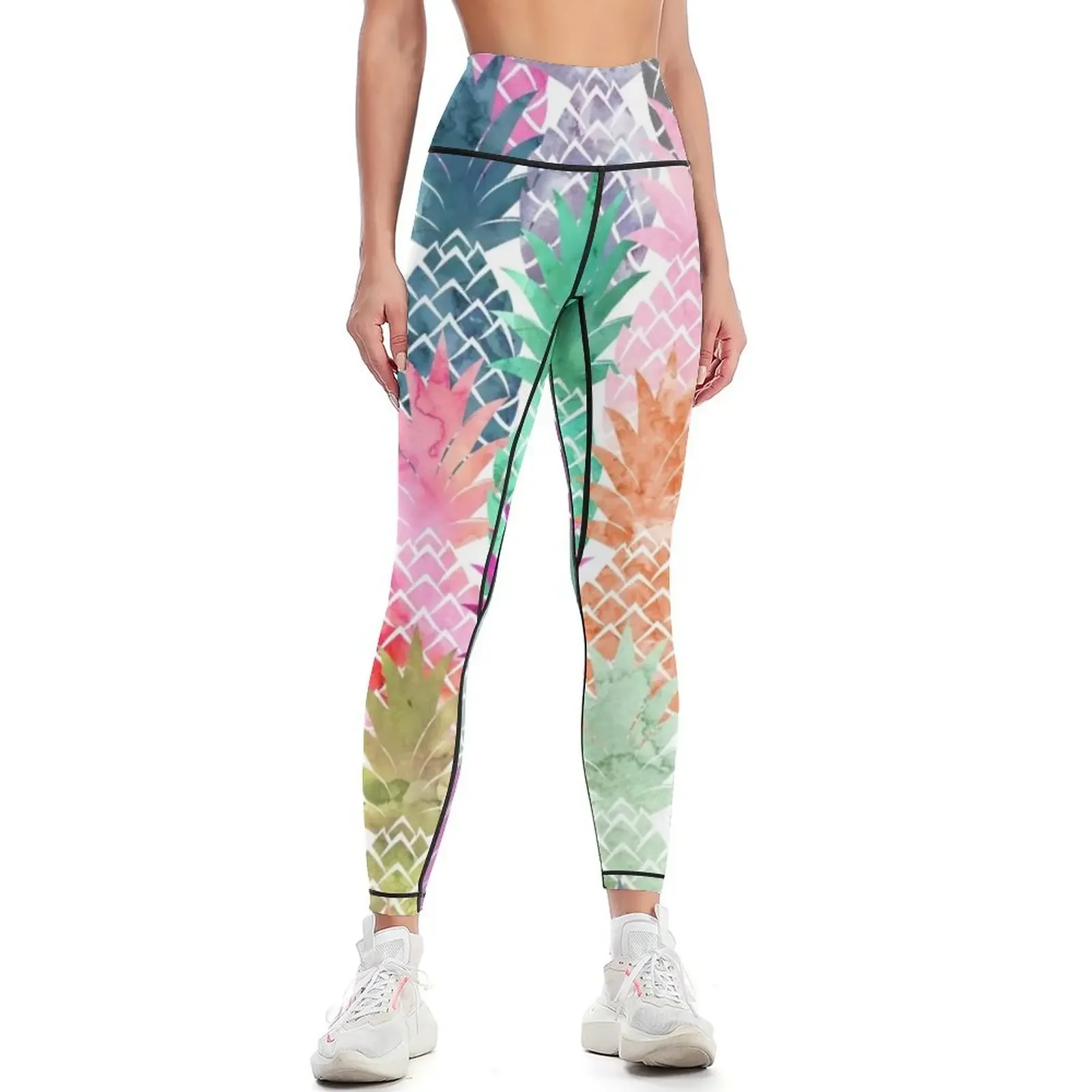 

Bright exotic pineapples pastel watercolor pattern Leggings Sports pants for sports for push up joggers for Womens Leggings