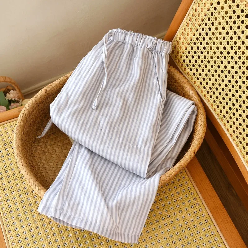 2026 neue Damen-Schlafhose für Frühling/Sommer, 100 % Baumwollgaze, gestreifte Leine, gestreift, lockere, dünne Heimhose
