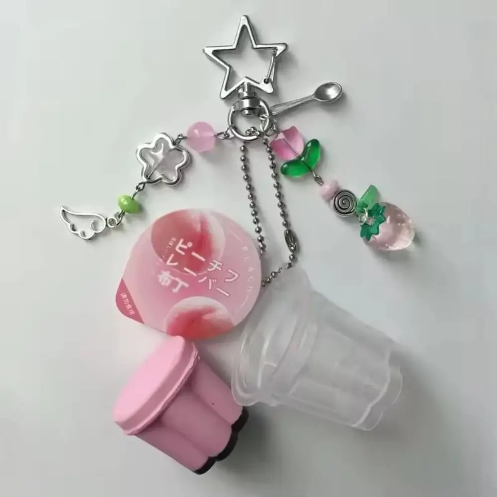 Heisei Retro Japanese Pudding Keychain Colorful Beads Strawberry Tulip Y2K Pendant Beaded Pink Yellow Bag Decoration