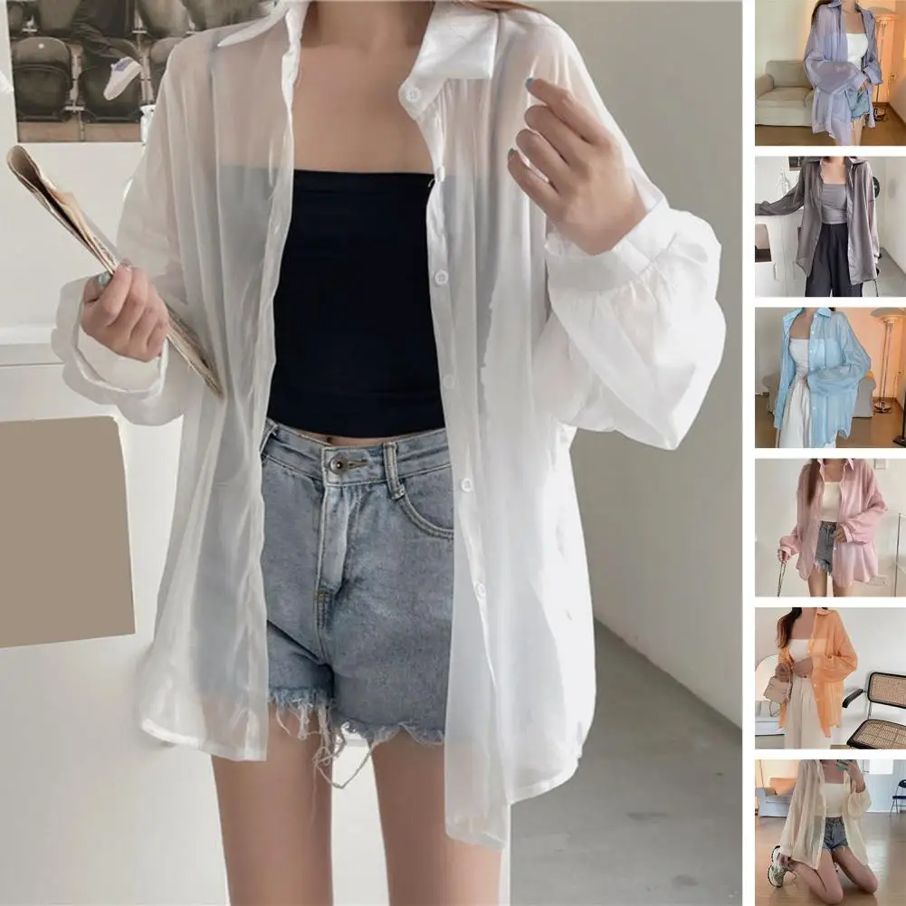 Sun Clothing Quick Drying Lapel Perspective Thin Type Shawl Sunscreen Shirt Cardigan Chiffon Coat Dressing Up