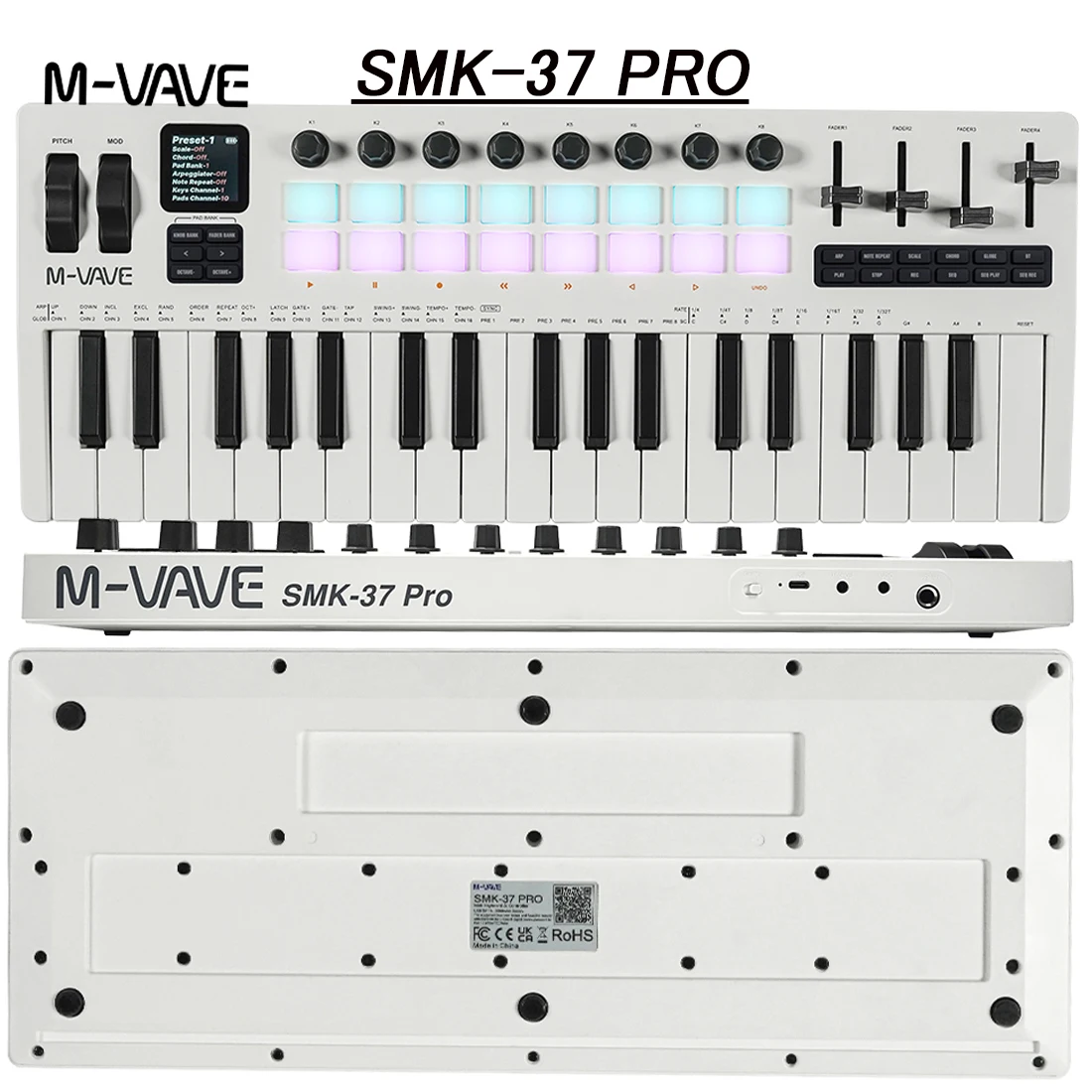 M-VAVE SMK-37 PRO キーボード 37鍵 3.5mm MIDI 16 RGBドラムパッド、サウンドソース搭載、複数システムへのワイヤレス接続対応
