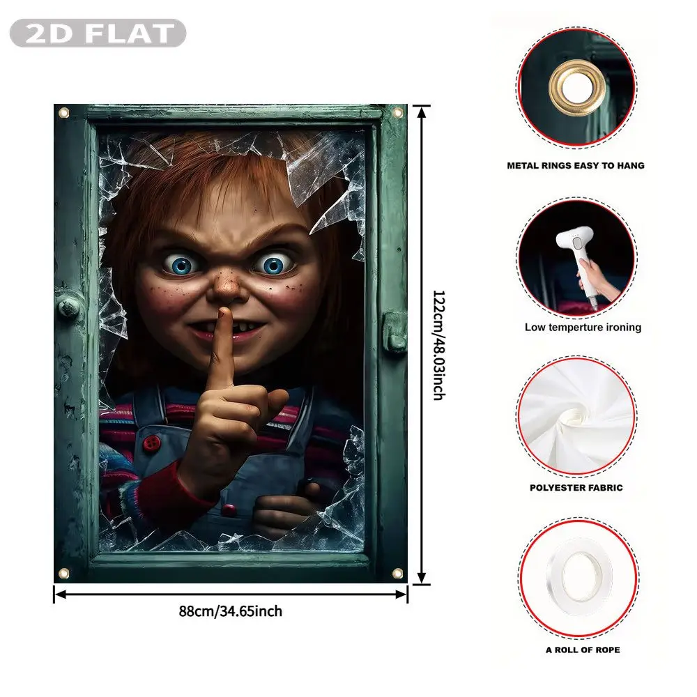 2D FLAT 1pc Party Banner, Halloween Window Cover with Chucky Doll Peeking Through Broken Window Glass,122x88cm, Polyester