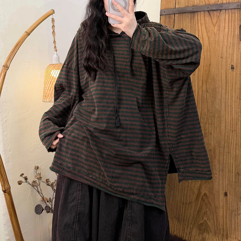 

Новинка: Женские свободные повседневные худи из хлопка в полоску с разрезами, с длинным рукавом и капюшоном, модель H79 (Весна-Осень)