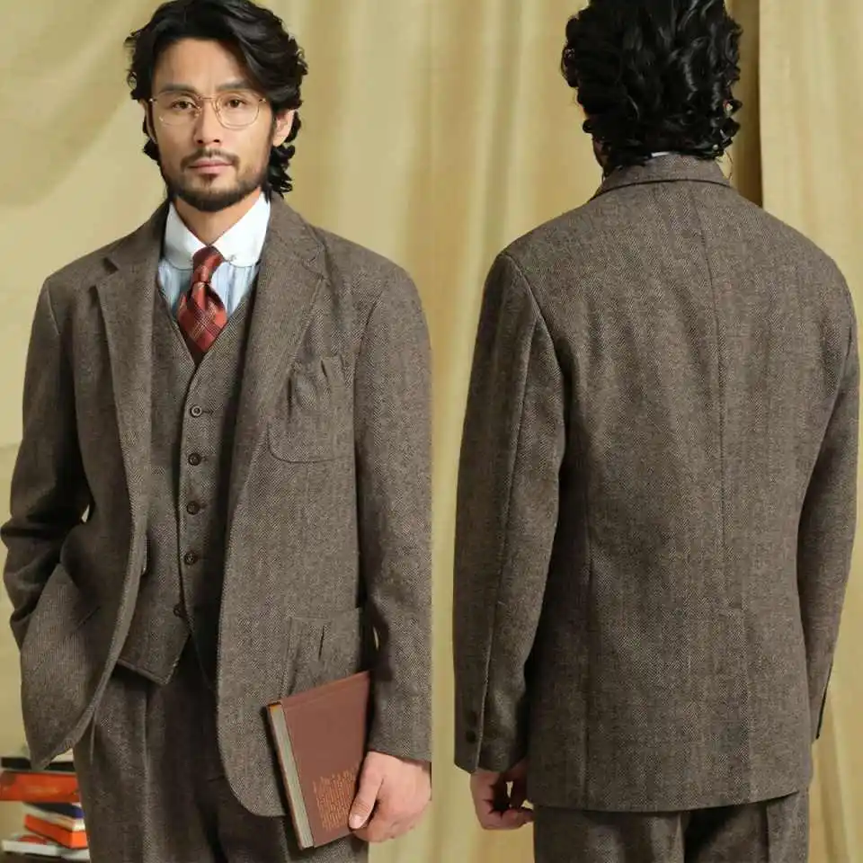 Simple Men Suit Notch‑Lapel Herringbone Blazer Vest Pants Three‑Piece Outfit For Business Banquet Occasion Customized