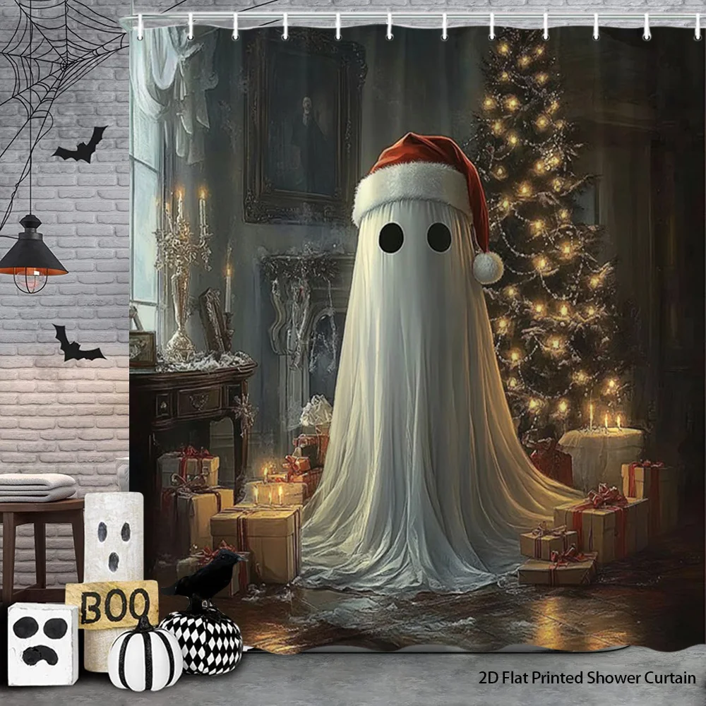 Spooky Ghost Christmas Scene Shower Curtain Halloween Holiday Bathroom Decor Waterproof Curtain