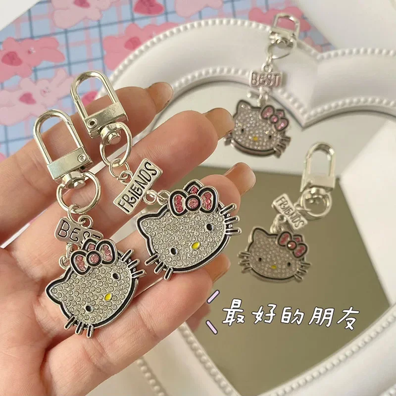 Llaveros de dibujos animados de HelloKittys, llavero kawaii, colgante de diamante Flash, corazón de niña, accesorios de bolsa de estudiante, regalo