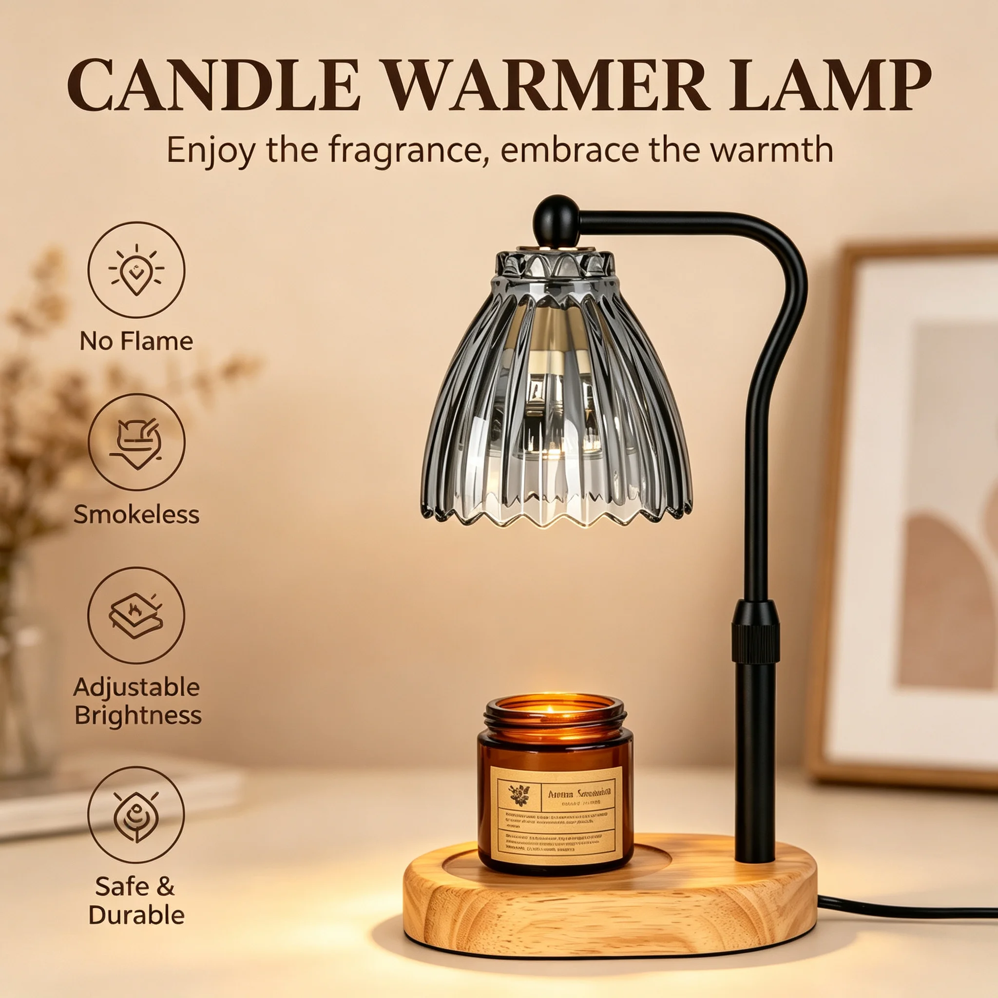 Black Stem Candle Warmer Lamp, Flameless Wax Melt with Timer, Stepless Dimming & Height Adjustable for Bedroom Holiday Gift