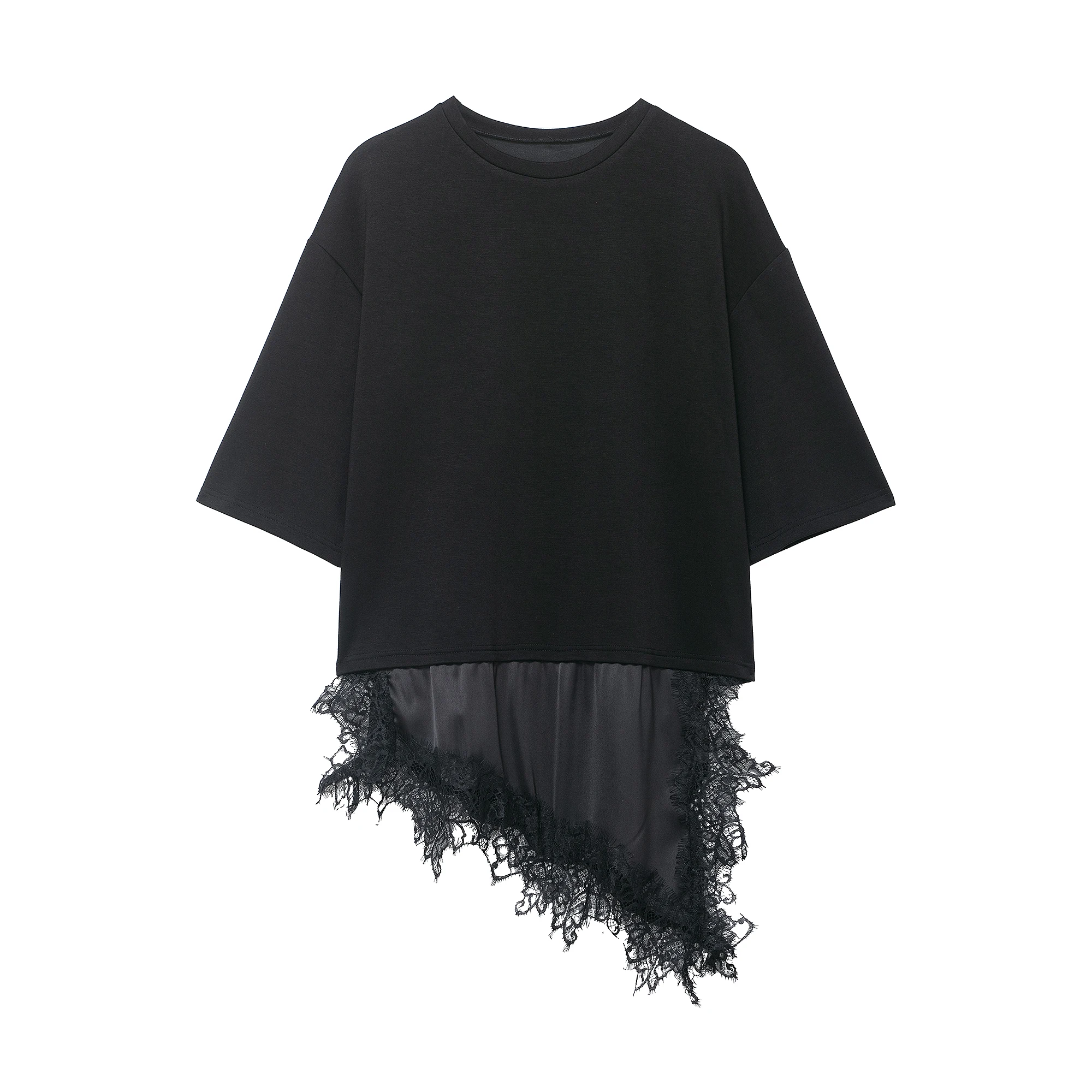 Willshela Women Fashion Solid Lace Patchwork Asymmetrical T-Shirt Casual O-Neck Half Sleeves Female Elegant Chic Lady Blouse