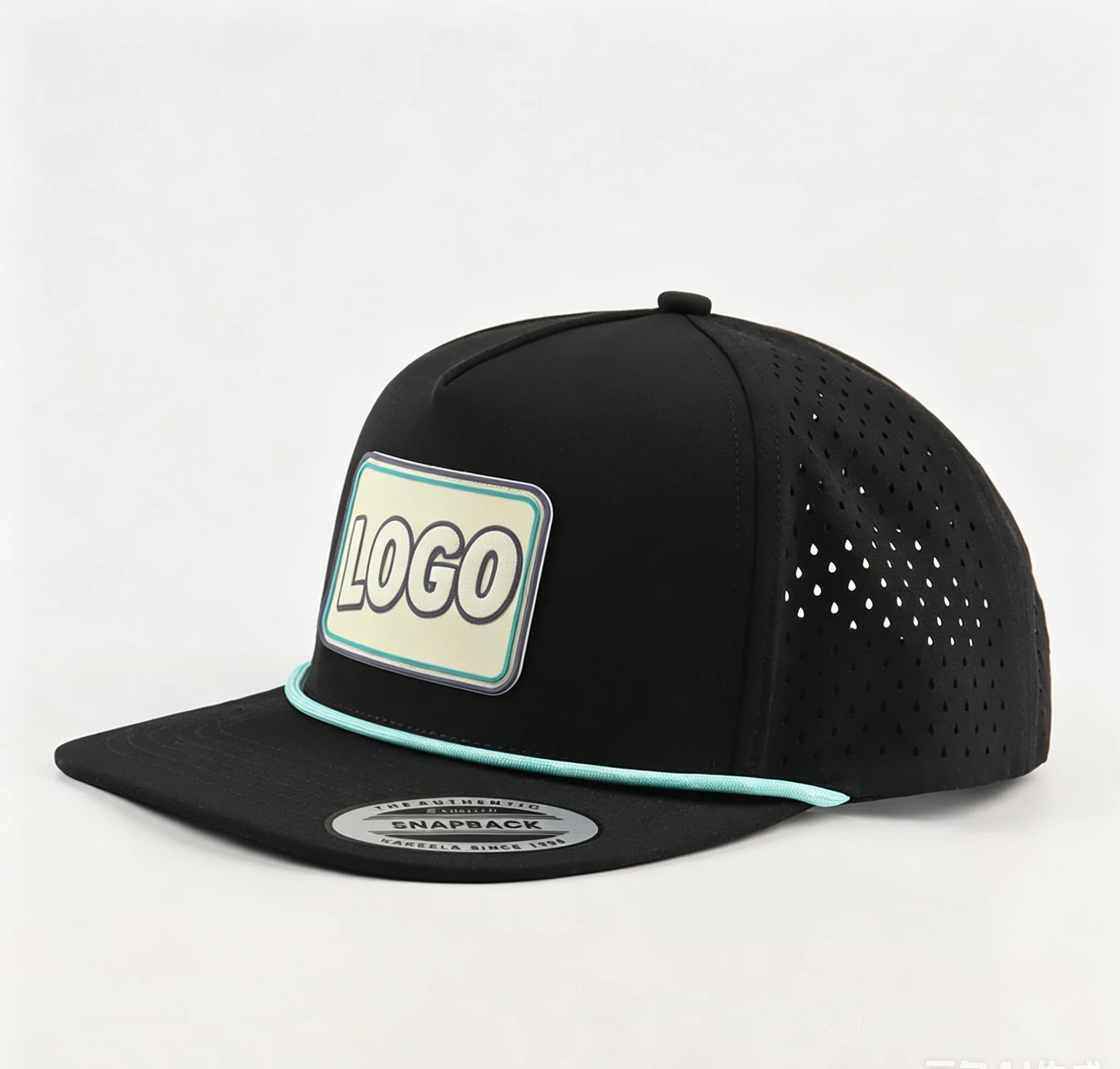 Customized 5 Panel Flat Brim Snapback Hat Laser Cut Perforated Golf Rope Waterproof with Custom Logo Rubber Patch for Wholesale