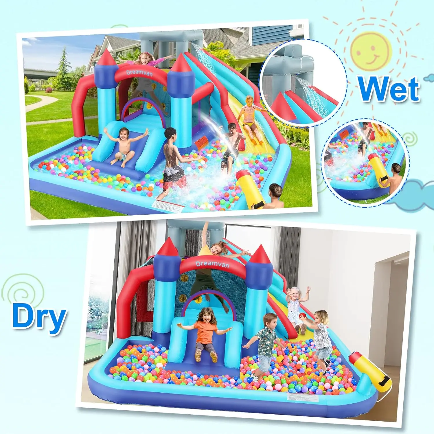Nadmuchiwana zjeżdżalnia wodna, 10 W 1 Bounce House Park wodny z 580W ścianką wspinaczkową dmuchawy, basen rozbryzgowy, armata, obszar skoku, Basketba