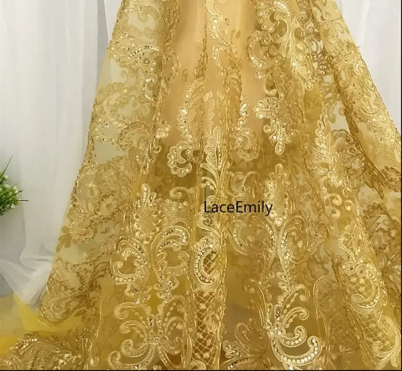 3 Colors Gold vintage court flowers lace fabric Heavy Embroidery sequins Flower Tulle for Bridal Dress ,Wedding Dress,