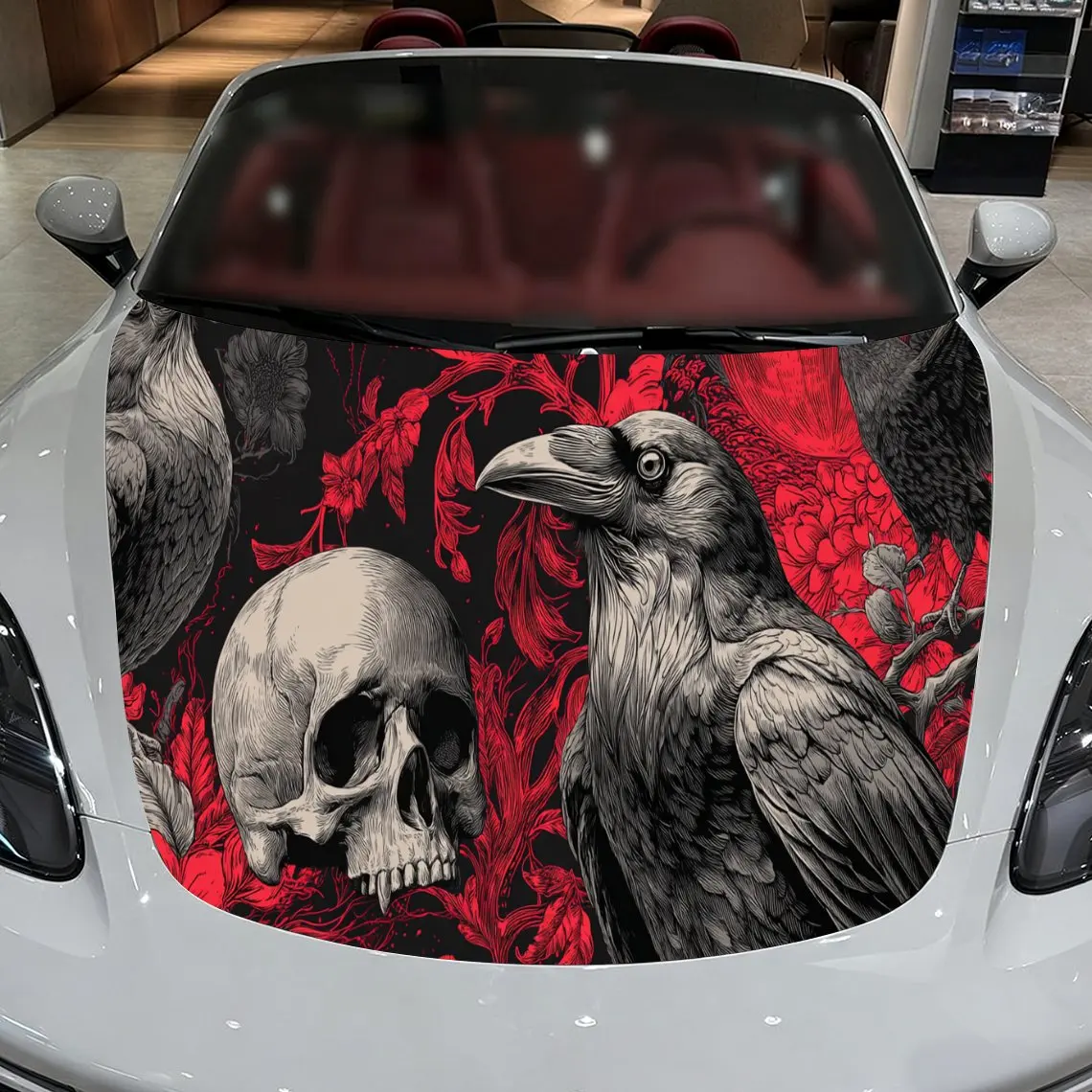 Car Decals A Red-Themed Design with a Skull and a Raven in Intricate Details Car Hood Sticker, Waterproof Self - Adhesive Vinyl