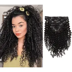 3B and 3C Curly Clip in Human Hair Extensions Real Human Hair Double Weft Jerry Curly Natural Black Color For Women 120g/set