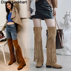 2025 Fashion Boho Knee High Boot Ethnic Women Tassel Fringe Faux Suede Leather Thigh Boots Woman Flat Long Boots Big Size 32-45