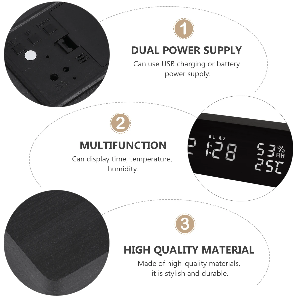 

Digital Alarm Clock LED USB Charging Wooden Black Multifunction Desktop Humidity Temperature Timer Bedroom Home Decor