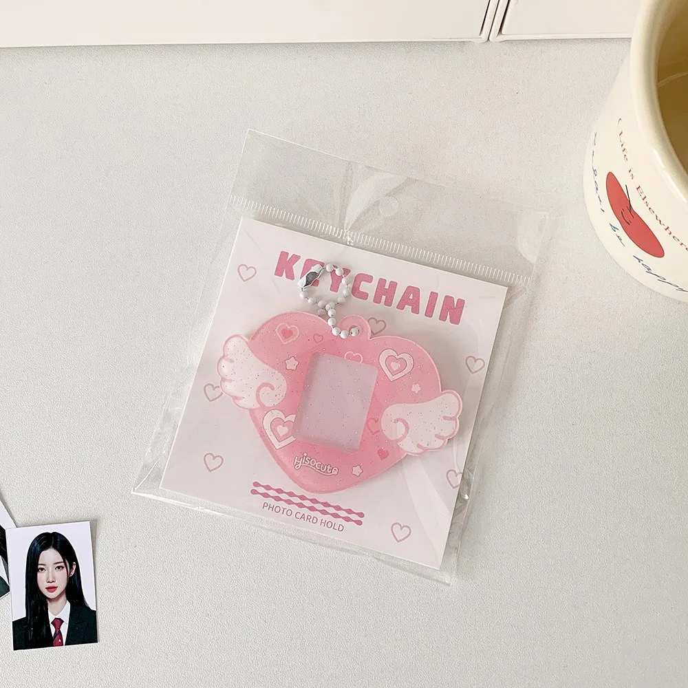 With Keychain Mini Photocard Holder Acrylic Card Cover Love Heart Wing Pendant Idol Card Display Protector Hanging Decoration