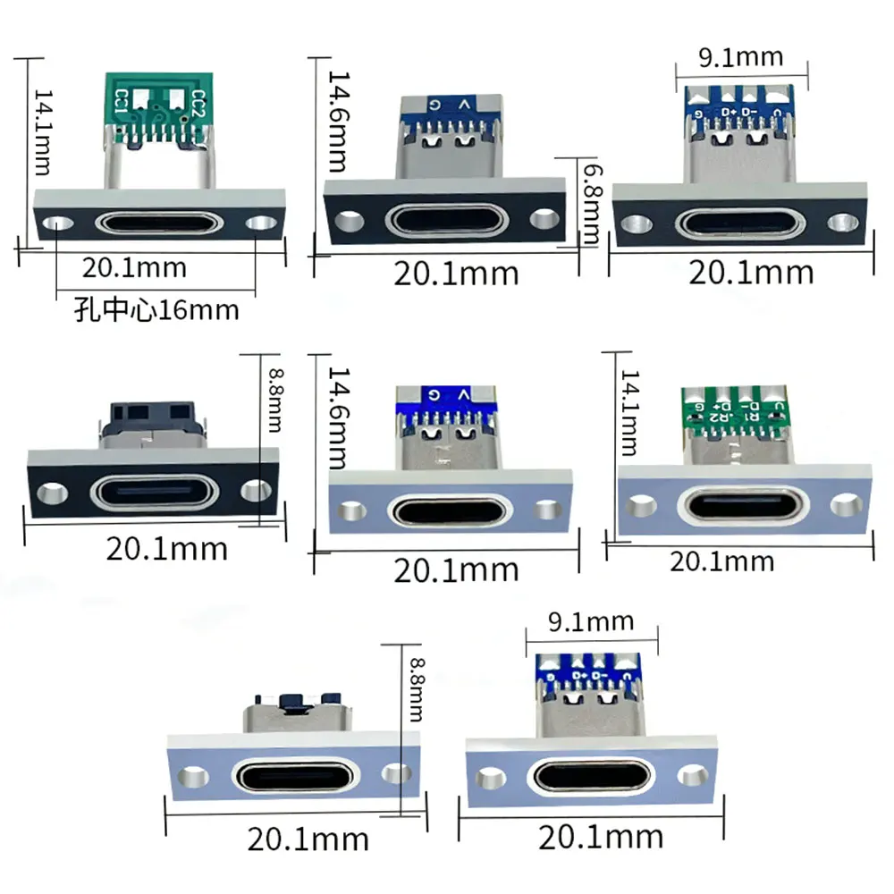 Type-C USB 2Pin 4Pin 5Pin 6Pin Female Connector Panel Mount Jack Charging Port of Solder Wire Type Socket With Fixing Plate