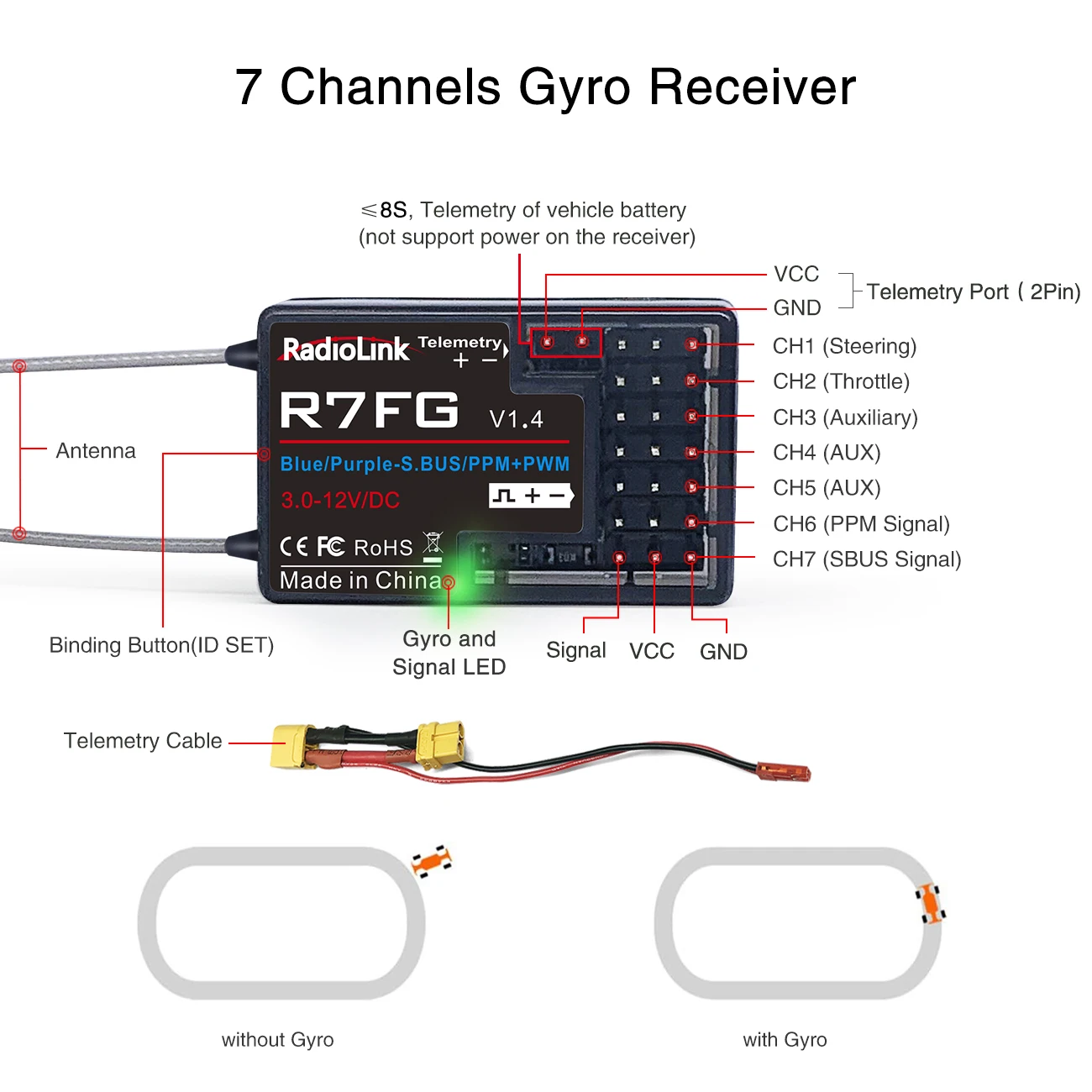 Radiolink R7FG 7 Channle 2.4G Gyro RC Receiver Car Voltage Transmission Telemetry 600m Long Range RX for Crawler Drifting Car