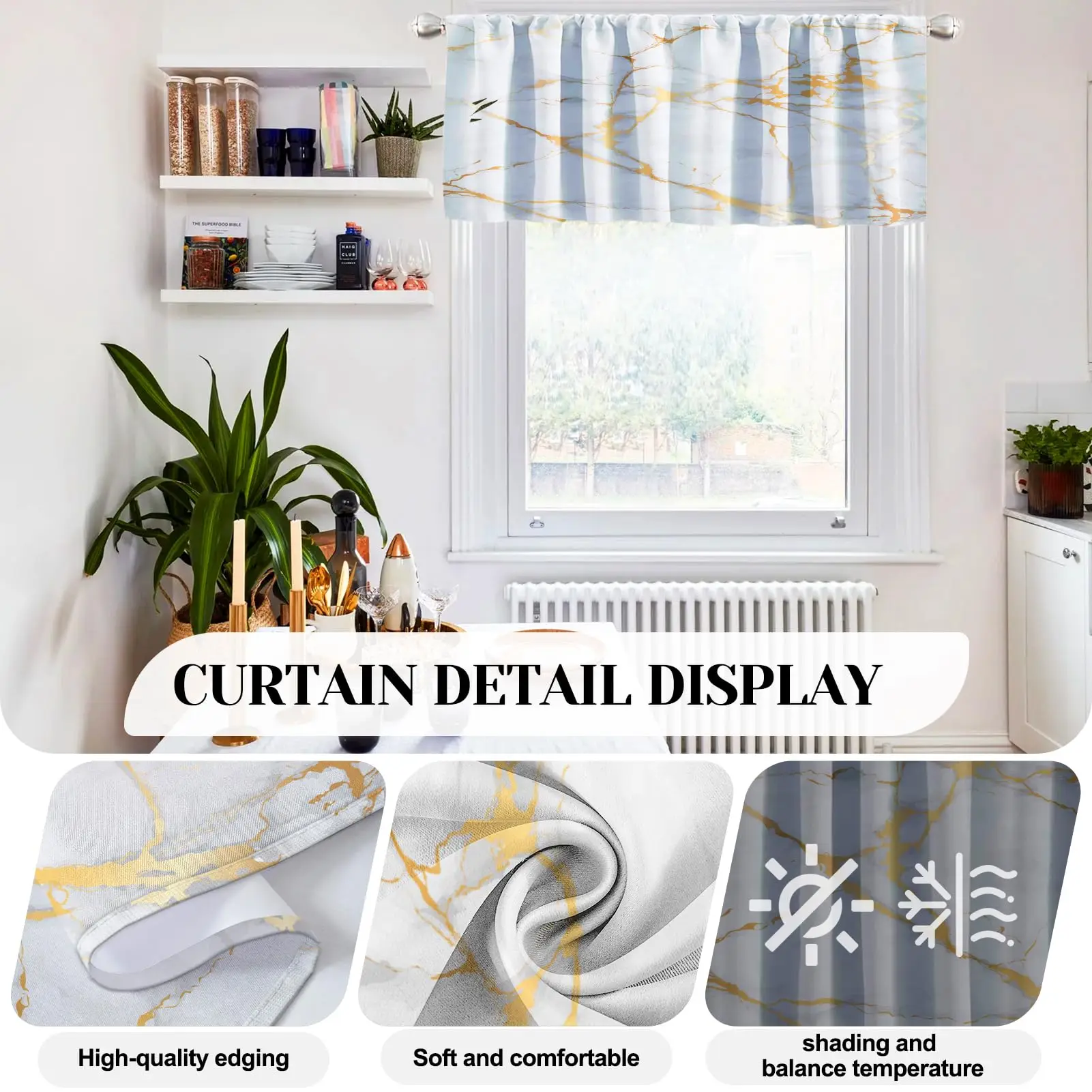 Marble Gold White Kitchen Curtains 3 Piece Tier and Valance Set, Modern Vintage Window Valances for Kitchen and Living Room
