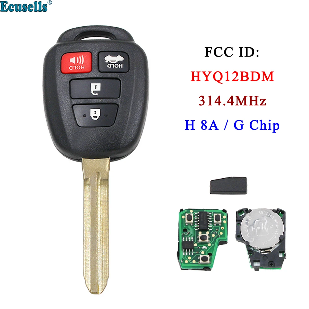 

Ecusells 4-кнопочный дистанционный брелок 314,4 МГц с чипом G/H 8A для Toyota Camry Corolla FCC ID: HYQ12BDM UNCUT TOY43 Blade