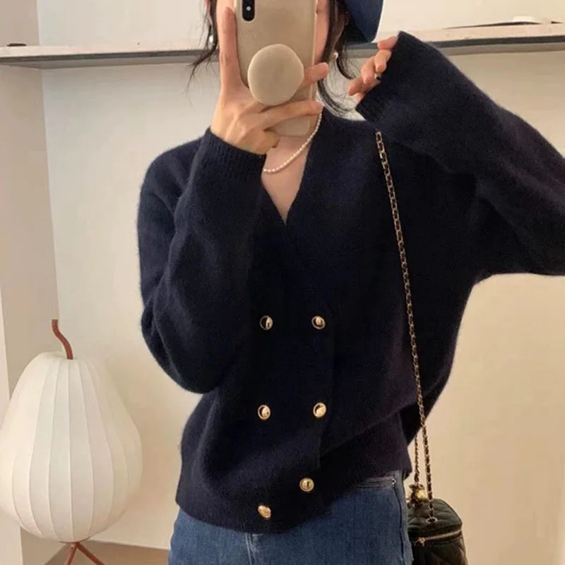 

Woman Casual Solid Long Sleeves Knit Jacket Women's Design Double-Breasted Cardigans Autumn Winter Loose Simple Sweater Outwear