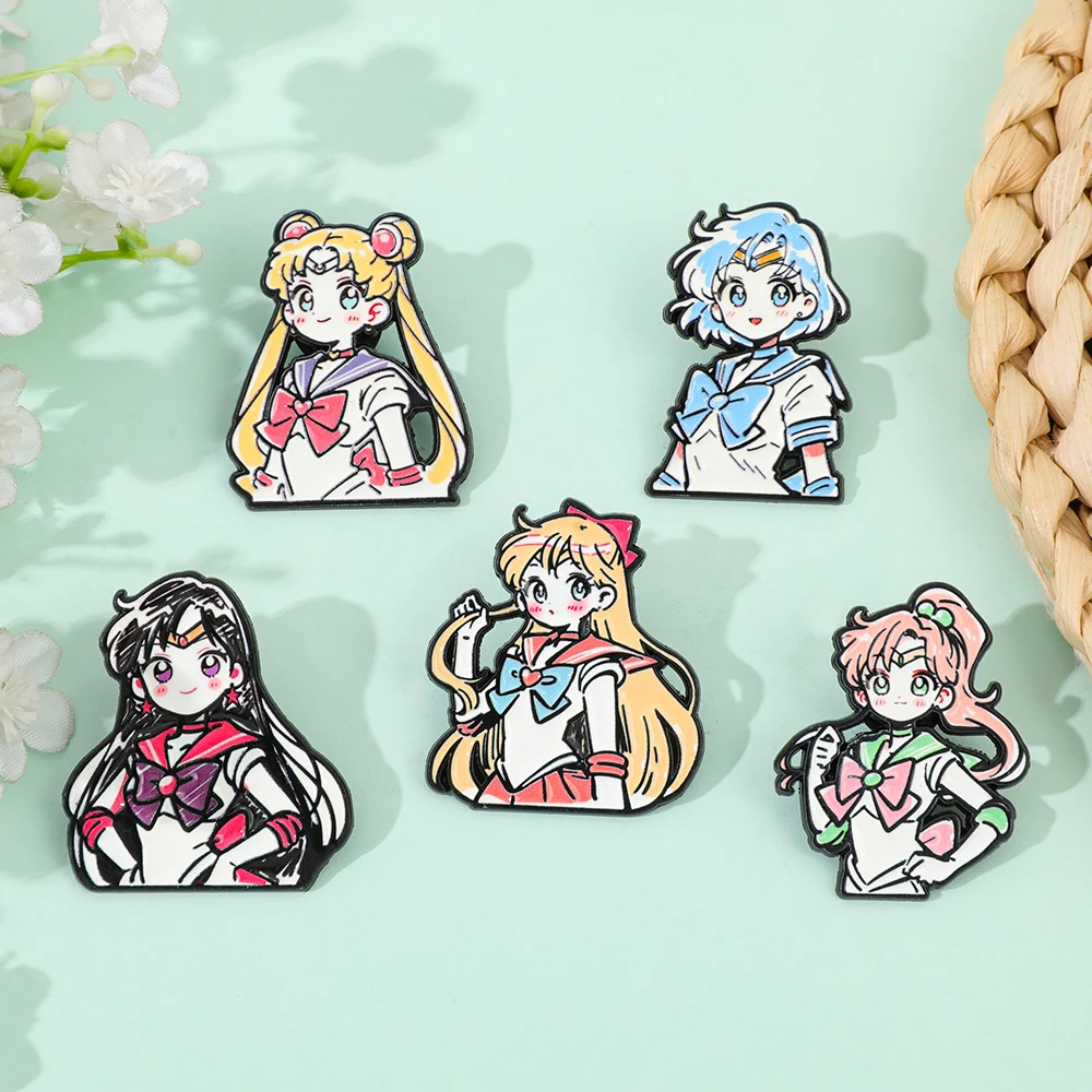 Fantasy Magical Girl Themed Enamel Brooches Cartoon Uniform Warrior Girl Graphic Pins for Bags Jackets Cosplay Decoration Gift