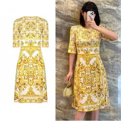 Runway Boho Women Round Collar Flower Print A Line Clothes 2024 New Summer Yellow And White Porcelain Flare Sleeve Holiday Dress