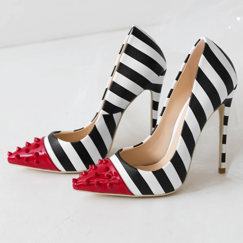 Zebra Stilettos Pumps for Women 2023 Pointed Toe Sexy White and Black Stripe Heels Studs Party High Heels Ladies Large Size Shoe