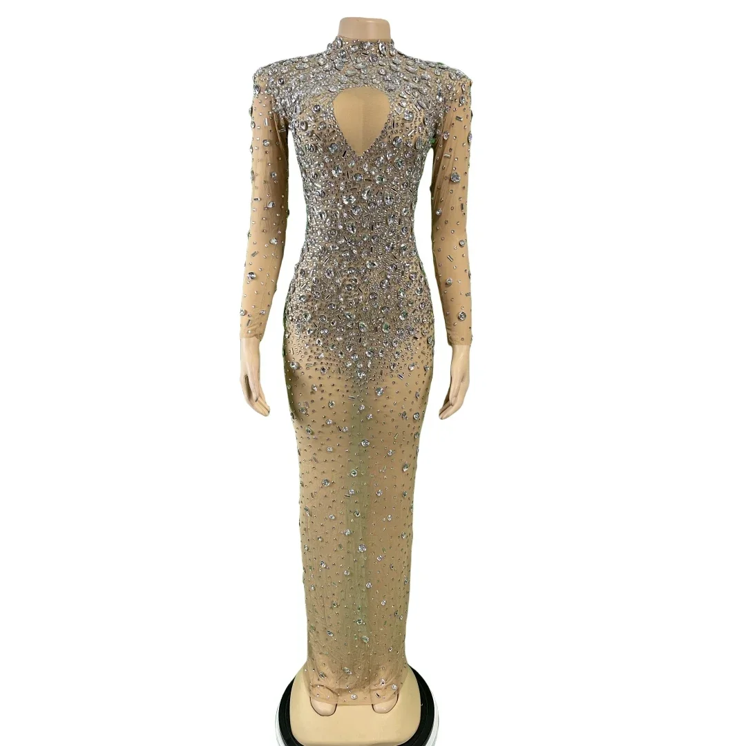 

Stunning See Through Mesh Full Rhinestone Long Dress For Women Birthday Party Queen Stage Performance Wear Drag Queen Costume