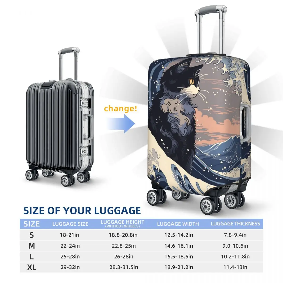 The Great Wave Suitcase Cover Cat Animal Travel Flight Strectch Luggage Accesories Protector