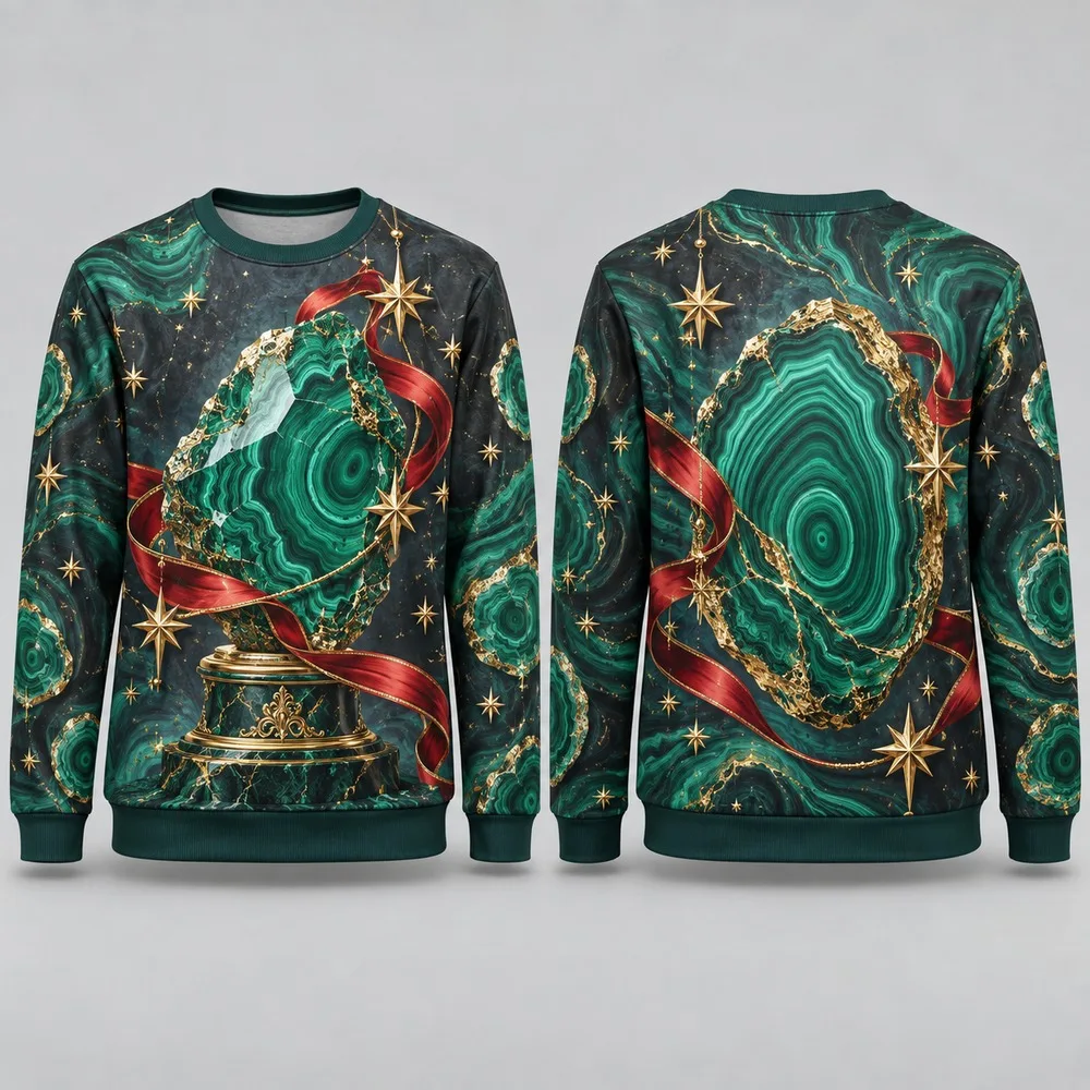 Crystal Gallery Sweaters Frame Xmas Mineral Displays in an Ugly Christmas Sweater Design with Gem Facets and Gift Ribbon