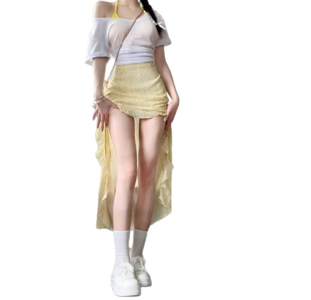 2023 heißer Sommer Gelb Floral Unregelmäßigen Schlitz Temperament Langen Rock für Frauen