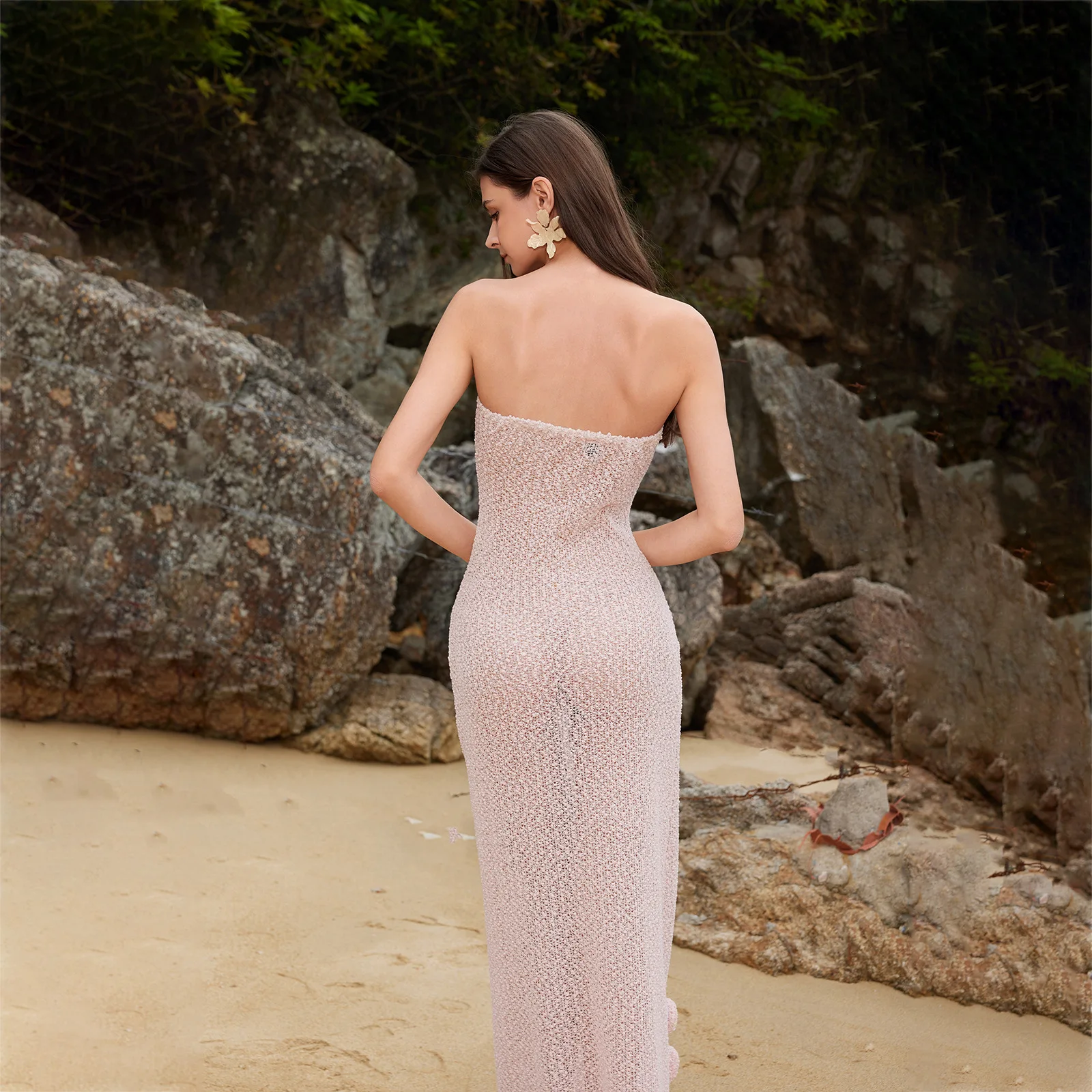 Robe Bandeau tricotée ajourée, robe de plage à fleurs 3D, couverture de Bikini, Cover-Up pour maillots de bain, tenues de plage Sexy pour femmes, vêtements de plage