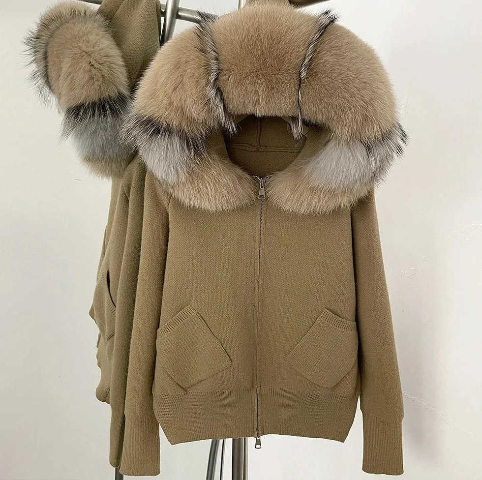 

Knitwear Women Cardigan Fashion Autumn Winter Clothes Female Hooded Real Fox Fur Collar Short Knitted Jacket