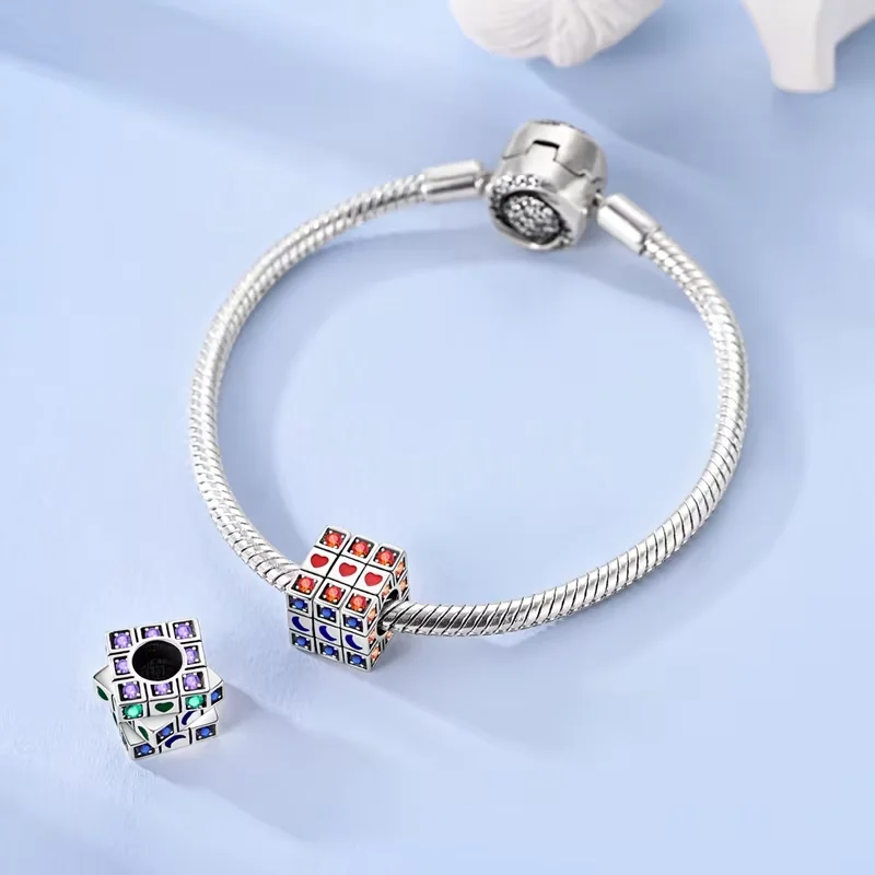 925 Sterling Silver Charms Bead Sparkling CZ Zircon Colorful Magic Cube Dangle Fit Original Bracelet DIY Women Jewelry Gift