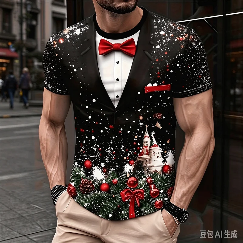 Tartan Plaid Christmas Tuxedo T Shirt for Men Faux Suit Print Red Tie Short Sleeve Crew Neck Holiday Party Costume Graphic Top